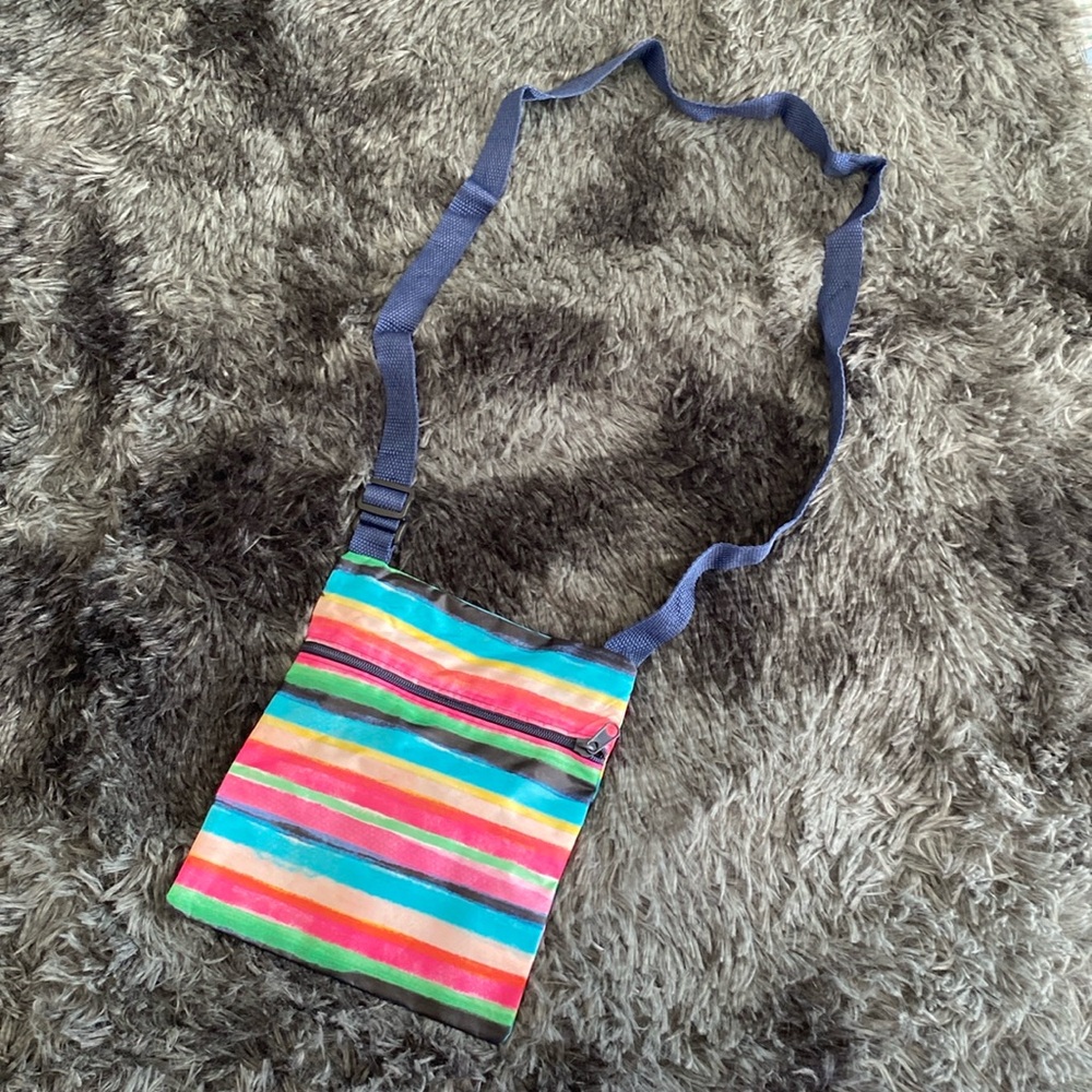 Colourful small crossbody mini bag with navy adjustable straps